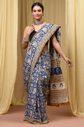Blue floral Bagru hand block print saree with geometric border