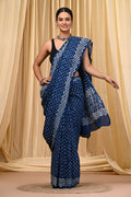 Indigo saree with white dot and zigzag patterns in Bagru print