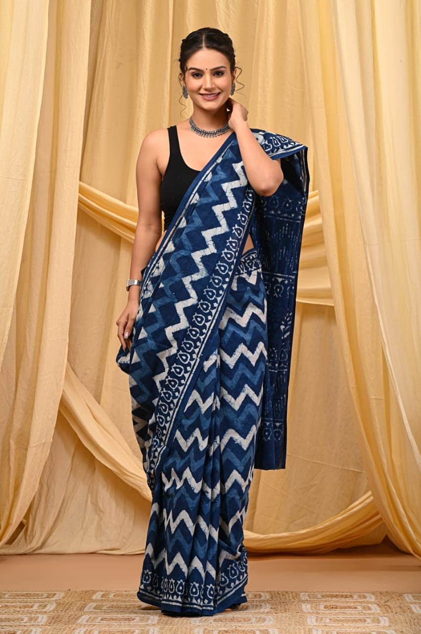 Blue saree with chevron pattern and floral border design