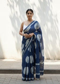 Navy blue saree with white circle motifs in Bagru hand block print