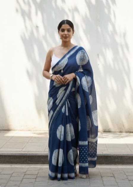 Navy blue saree with white circle motifs in Bagru hand block print
