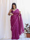 Purple saree with geometric motifs, hand block print design