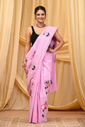 Pink saree with floral motifs, Bagru hand block print in soft cotton