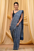 Indigo Mul Cotton saree with geometric block print design
