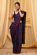 Navy blue and red saree with buta motifs and traditional Bagru design