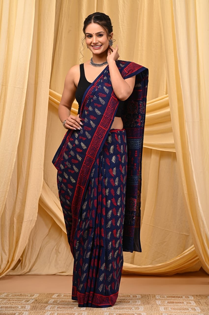 Navy blue and red saree with buta motifs and traditional Bagru design
