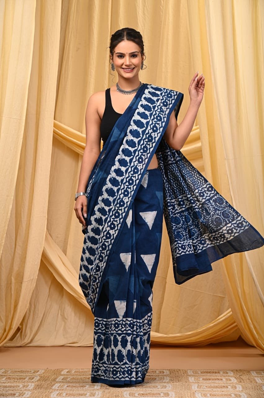 Blue saree with geometric and floral Bagru hand block print patterns.