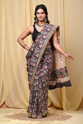 Black and red floral Bagru hand block print saree with intricate border