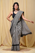 Black and white striped and checked pattern Bagru hand block print saree