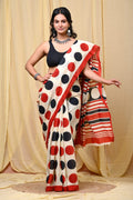 Cream saree with red and black polka dots in Bagru hand block print