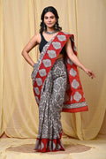 Red and black floral Bagru hand block print saree with intricate border