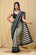 Black and white striped Bagru hand block print saree with blouse piece