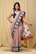 Saree with red and green polka dots, black floral border on Mul Cotton fabric