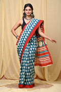 Blue saree with geometric patterns and red border, Bagru hand block print.