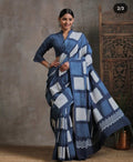 Blue saree with white geometric block print pattern