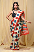 Red and blue polka dot design on ivory Mul Cotton saree with a striking border