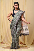 Green saree with floral motifs and black border, Bagru hand block print