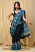 Teal saree with floral Bagru hand block print and intricate border design