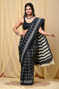 Black and white saree with geometric checkered and striped patterns