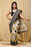 Mustard yellow and black saree with geometric Bagru hand block print design