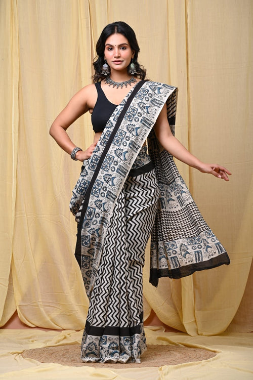 Black & Off-White Elephant Motif Bagru Hand Block Print Mul Cotton Saree With Blouse Piece