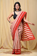 Red and white striped Mul Cotton saree with traditional Bagru hand block print