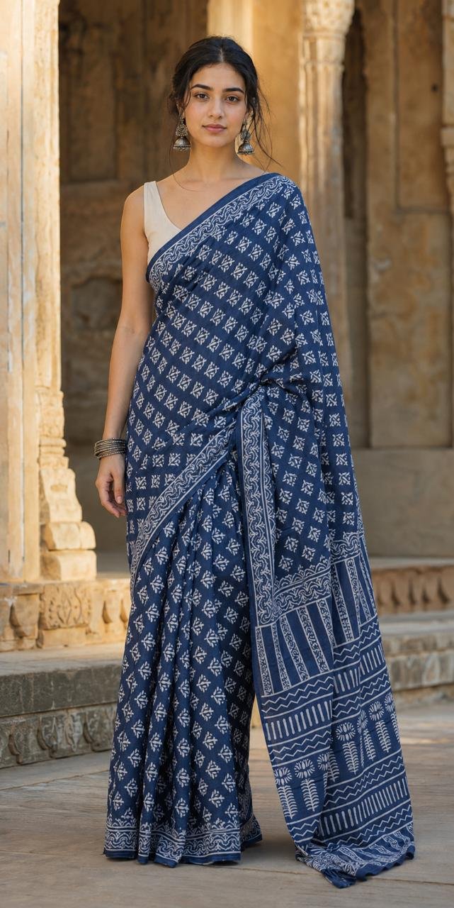 Navy blue saree with geometric motifs and intricate border in traditional Bagru print
