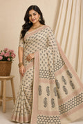 Beige saree with black floral and jaal patterns in Bagru print