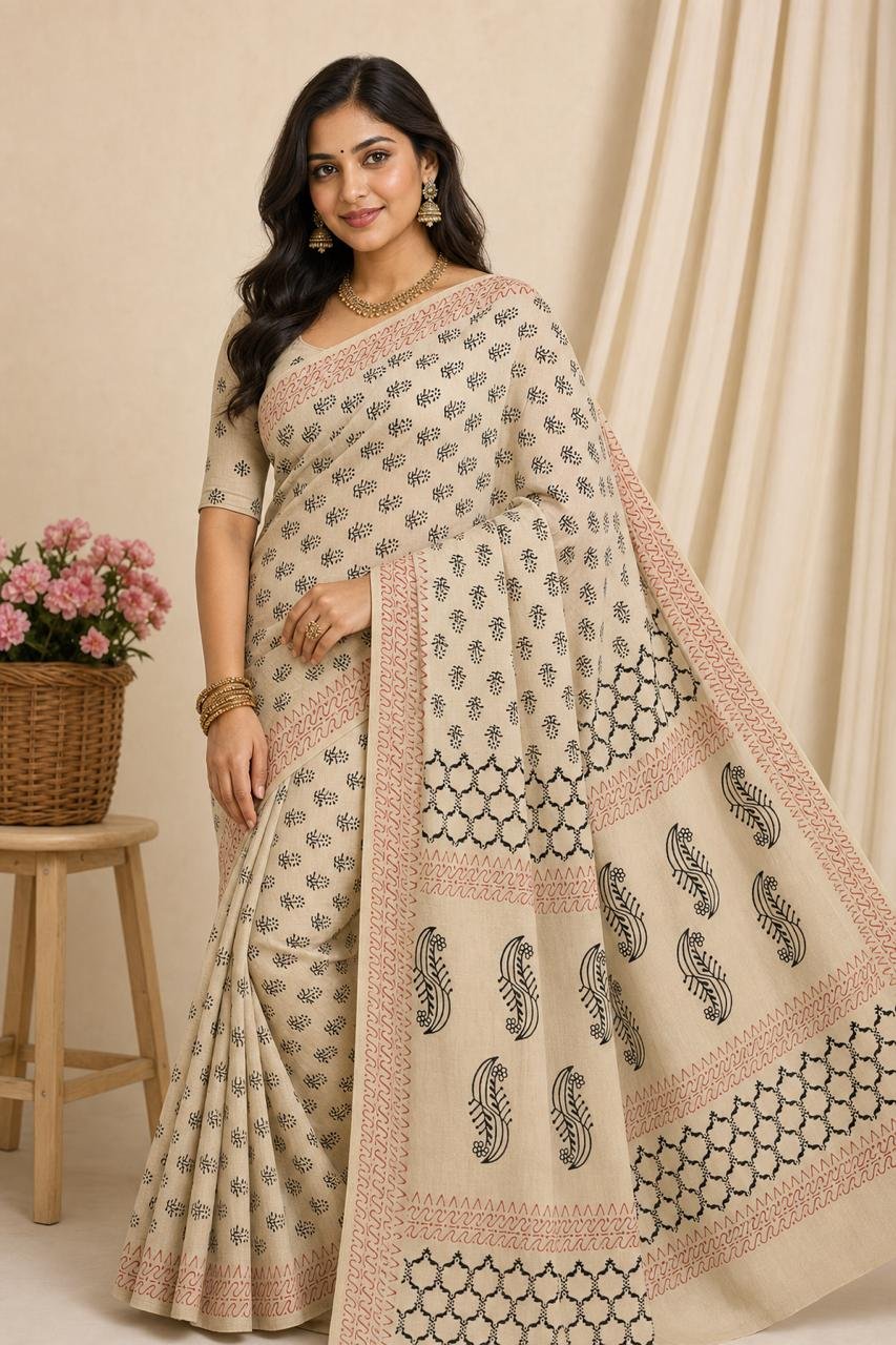 Beige saree with black floral and jaal patterns in Bagru print