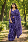 Purple saree with floral and geometric motifs, Bagru hand block print