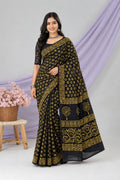 Black and mustard Bagru hand block print saree with floral and tree motifs