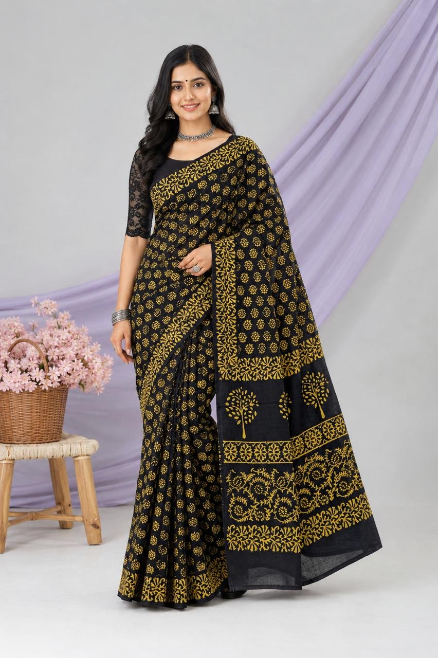 Black and mustard Bagru hand block print saree with floral and tree motifs
