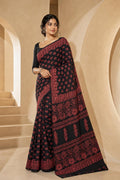 Black and red floral motifs on Mul Cotton saree with Bagru hand block print