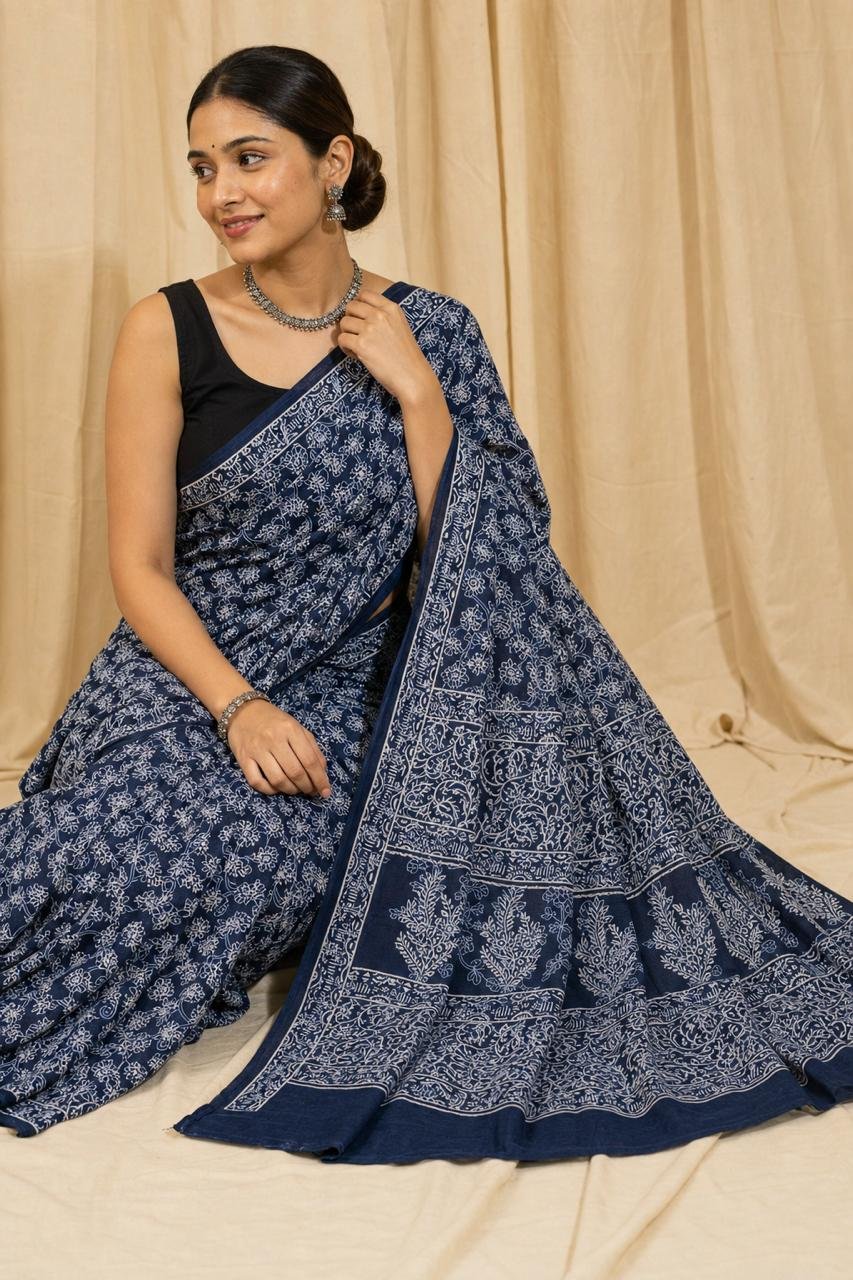 Navy blue saree with white floral motifs in Bagru hand block design