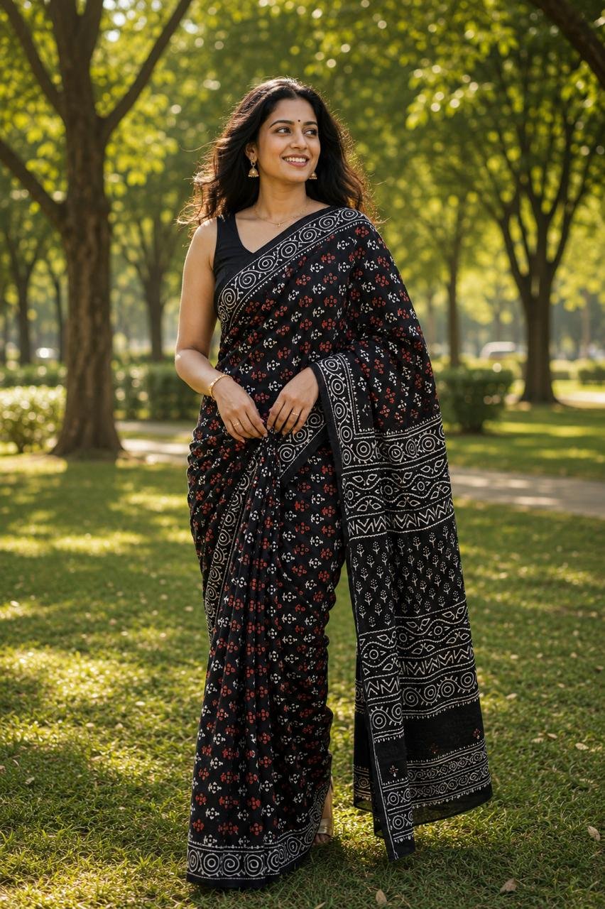 Black saree with red and white floral motifs and geometric border design