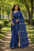 Blue saree with floral and intricate Bagru hand block print motifs