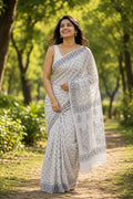 Black and white saree with floral and jaal Bagru motifs