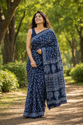 Navy blue saree with floral and geometric Bagru patterns
