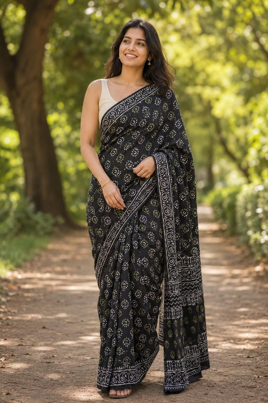 Black saree with geometric motifs and intricate border pattern