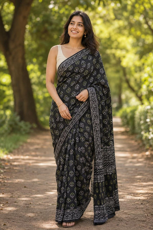 Black & Off-White Geometric Buti Bagru Hand Block Print Mul Cotton Saree With Blouse Piece