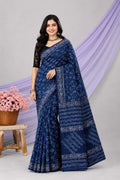 Navy blue saree with floral Bagru block print patterns