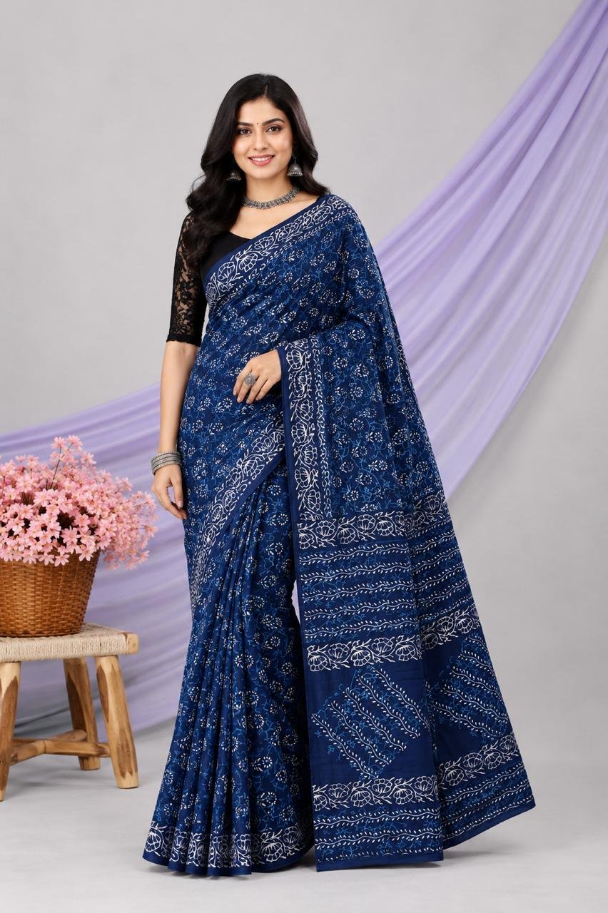 Navy blue saree with floral Bagru block print patterns
