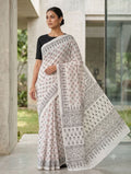 White saree with black geometric and floral Bagru hand block print design