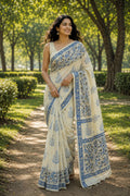 Beige and blue saree with floral motifs and buta design, hand block printed