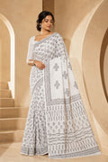 Black and white geometric pattern saree with intricate border design