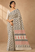 Beige saree with black floral motifs and red paisley patterns, Bagru hand block print
