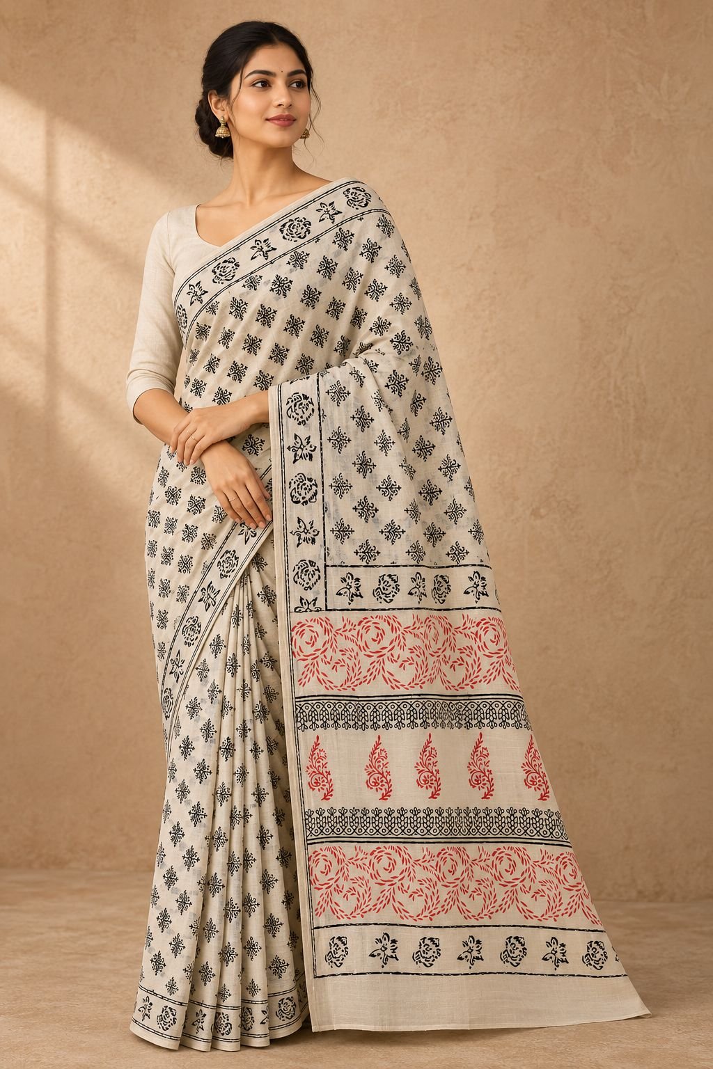 Beige saree with black floral motifs and red paisley patterns, Bagru hand block print