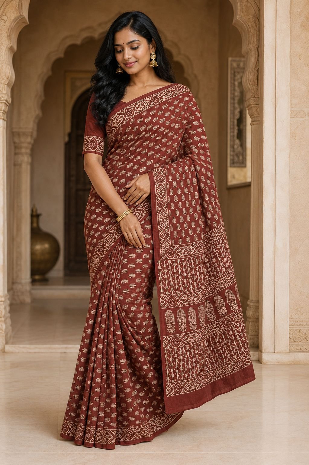 Terracotta saree with buta motifs, hand block print design