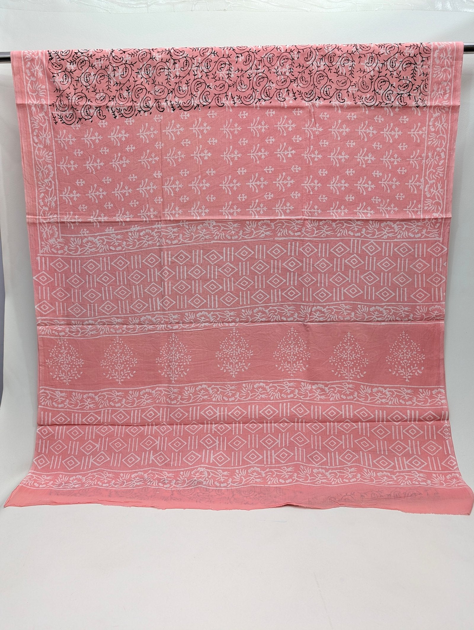 Pink saree with floral and geometric Bagru hand block print motifs