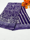 Indigo & Off-White Floral Block Print Bagru Hand Block Printed Linen Cotton Saree With Blouse Piece